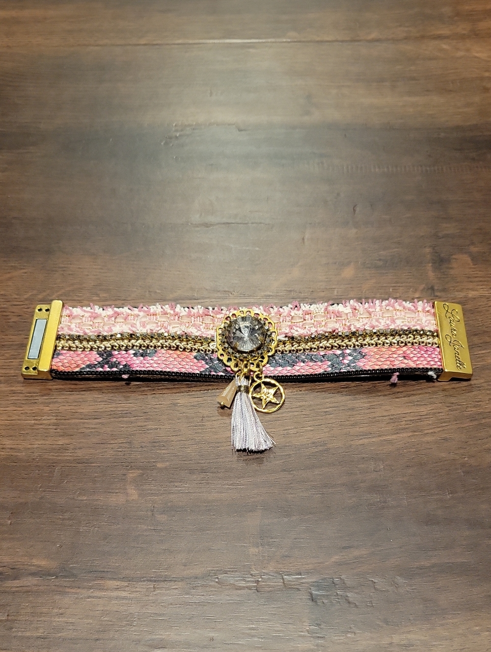 Boho Pink Multistrand Tassel Bracelet Cuffwith Gold Accents